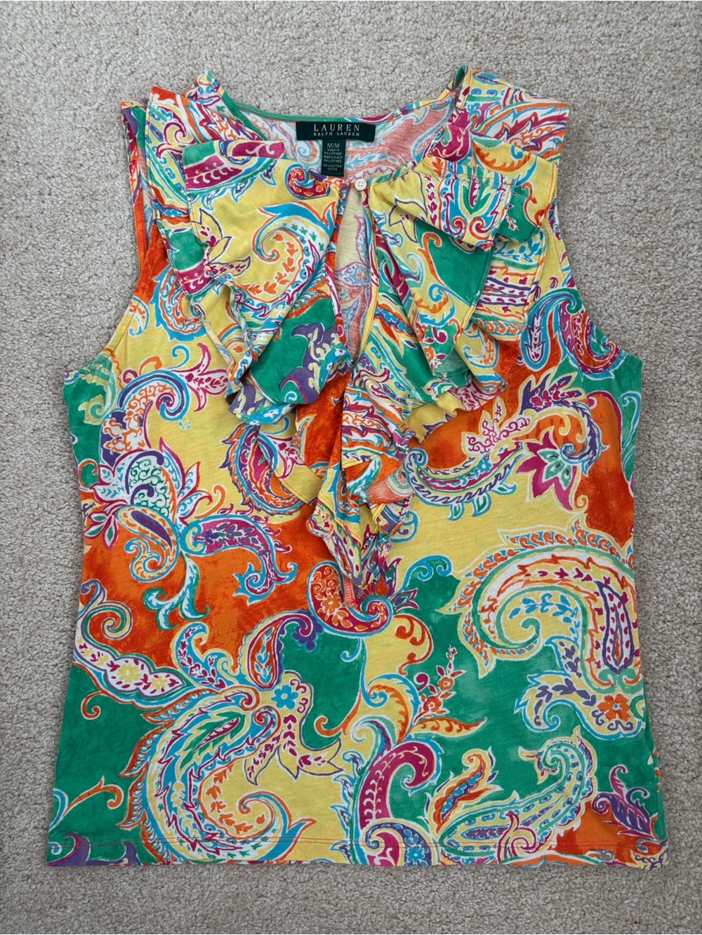 Lauren Ralph Lauren Medium Women's Paisley Top Ruffle Front Multicolor Bright